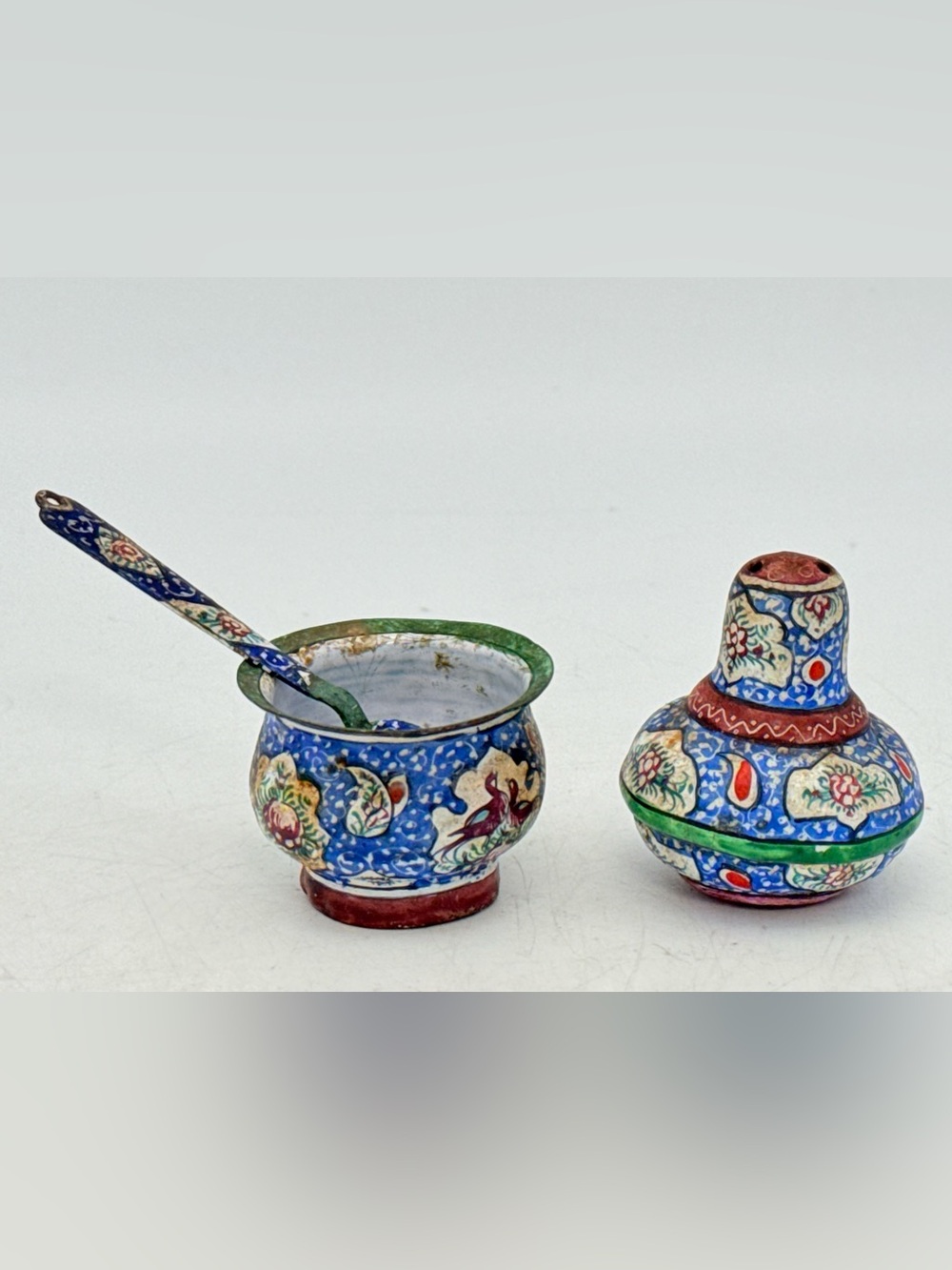 Hand-Painted Cloisonné Salt Cellar and Spoon Set - Blue, Red, Green